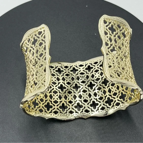 Kendra Scott Designer Candice Gold Tone Filigree Concave Wide Cuff Bracelet - Picture 12 of 13